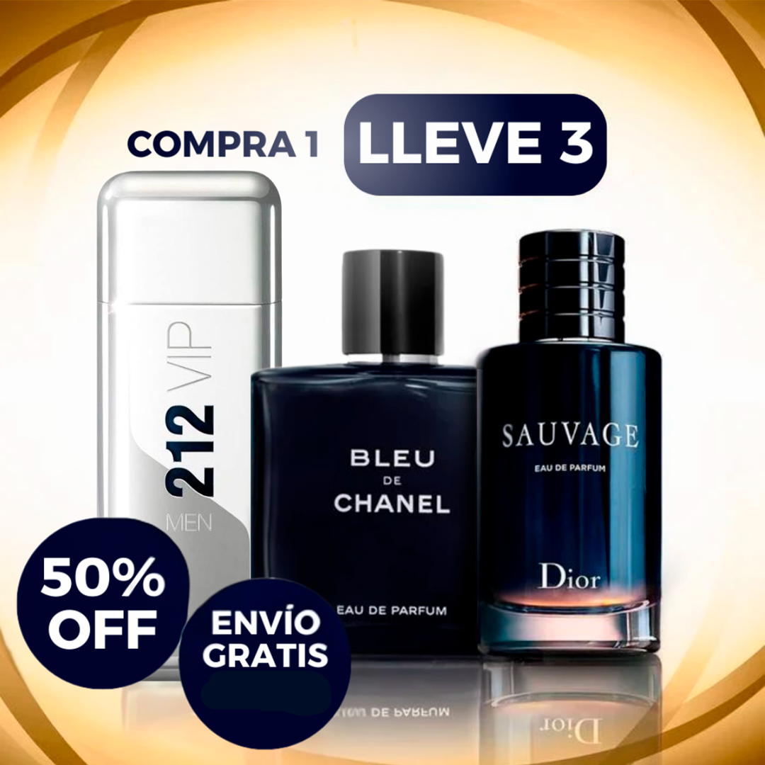 Kit 3 Perfumes de Hombre Importados (100 ml cada uno) - Sauvage Dior | Bleu de Chanel | 212 Vip Men